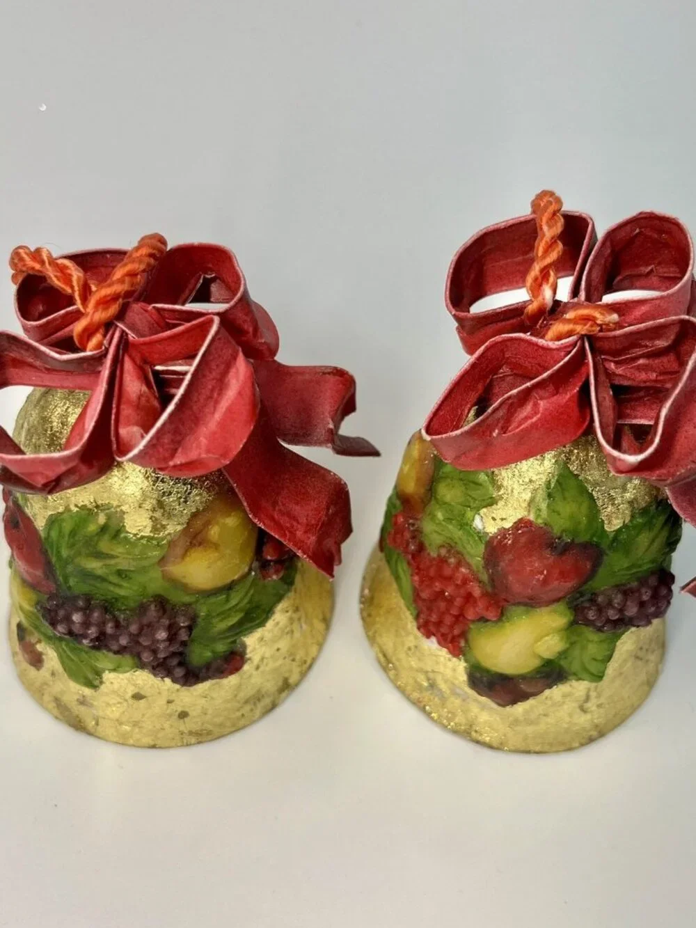 Dept 56 Gold Foil Bells RaisedFruit Design OrnamentWired Ribbon HTF Set Of 4